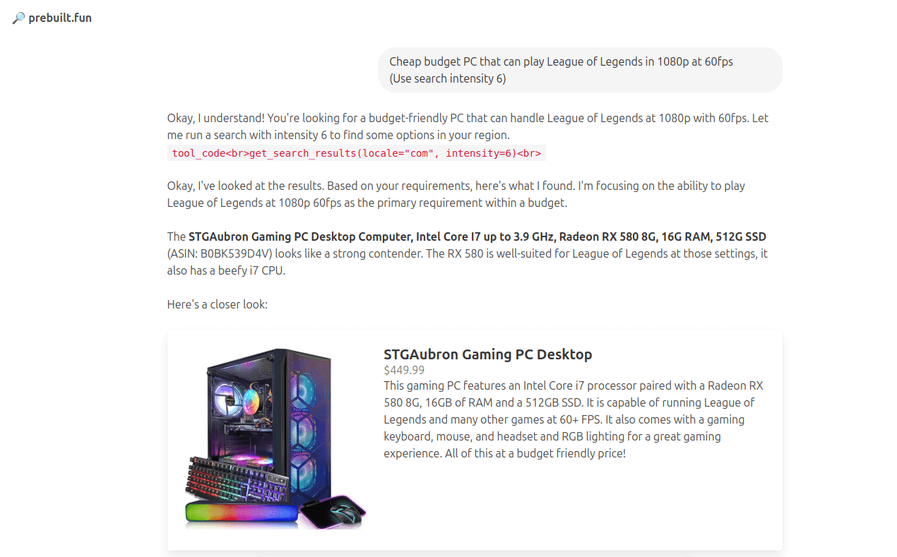 Prebuilt PC finder website preview