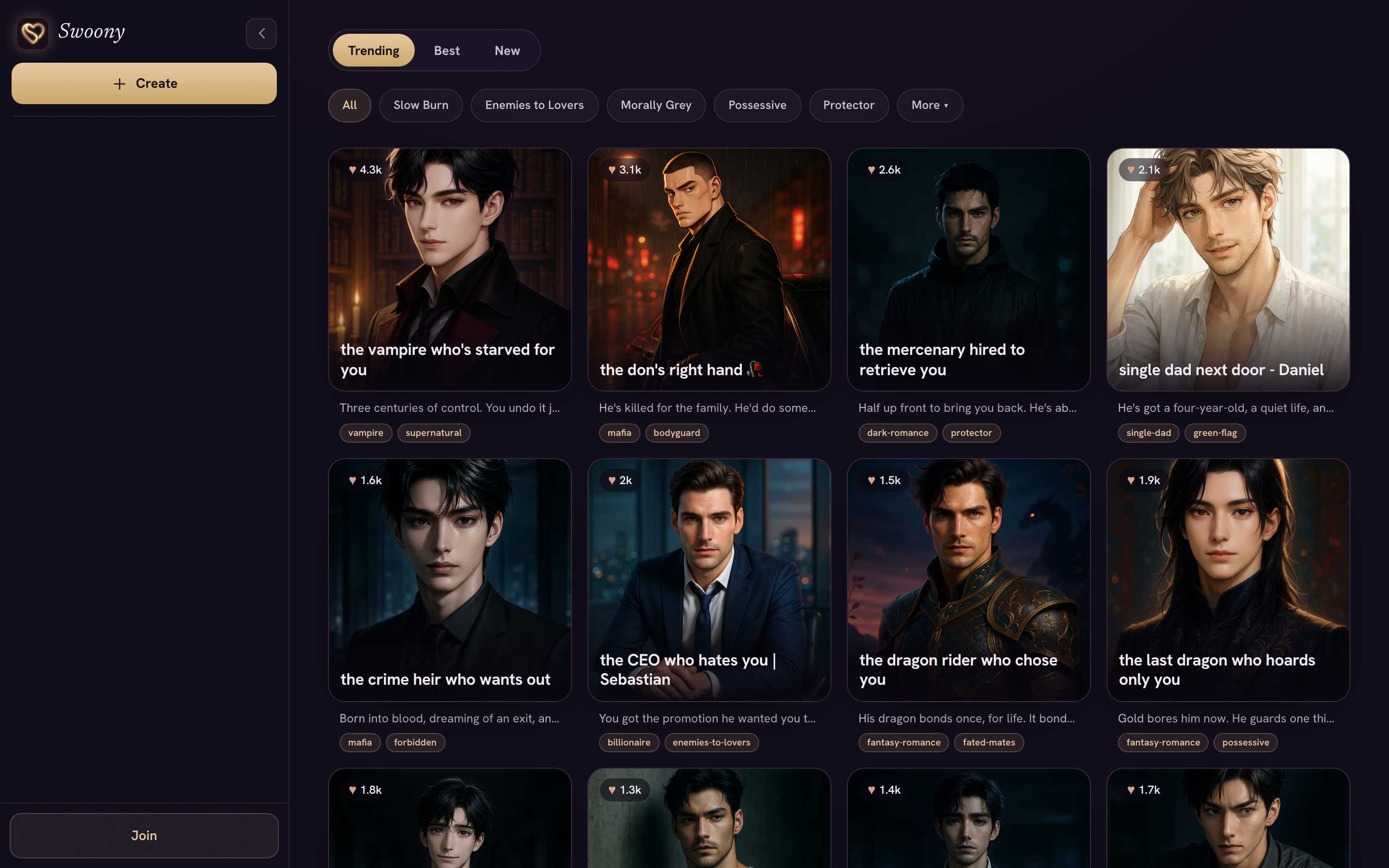 Browse 200+ AI boyfriends by trope - dark romance, enemies to lovers, morally grey, and more.